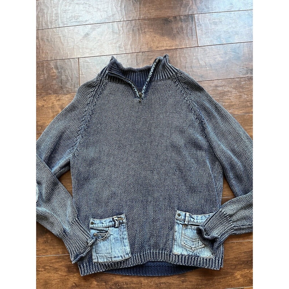 PBJ Blues Vintage Sweater 1/4 Zip Neck jean Pockets elbow Pads READ Y2K